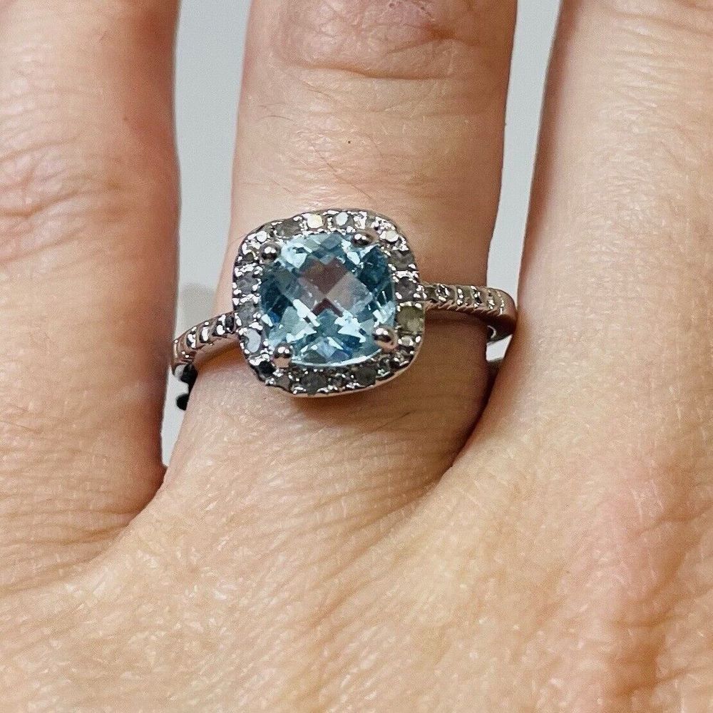 Victoria Townsend Blue Topaz & Rose Cut Diamonds 925 Sterling Silver Ring Size 7